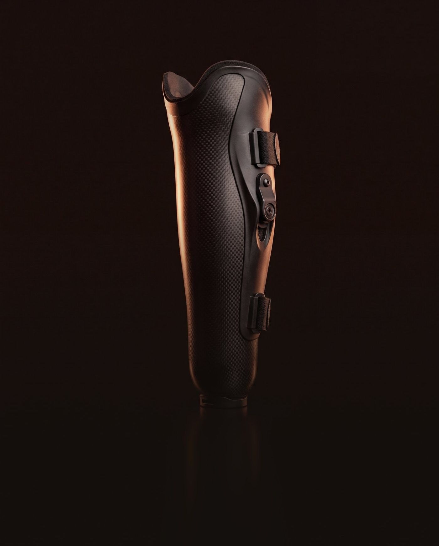 A socket made in ReMould, black, standing on a dark stage. Render.