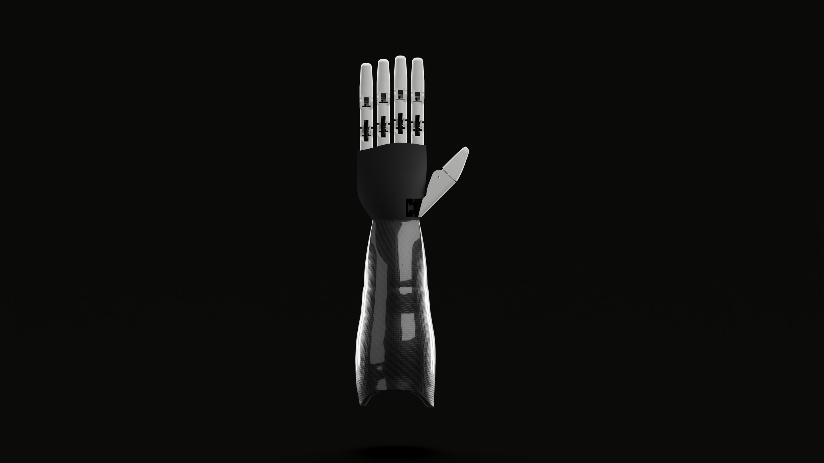 The Diego hand upright on black: four white fingers and a white thumb, a black palm and a carbon fibre forearm. Render.