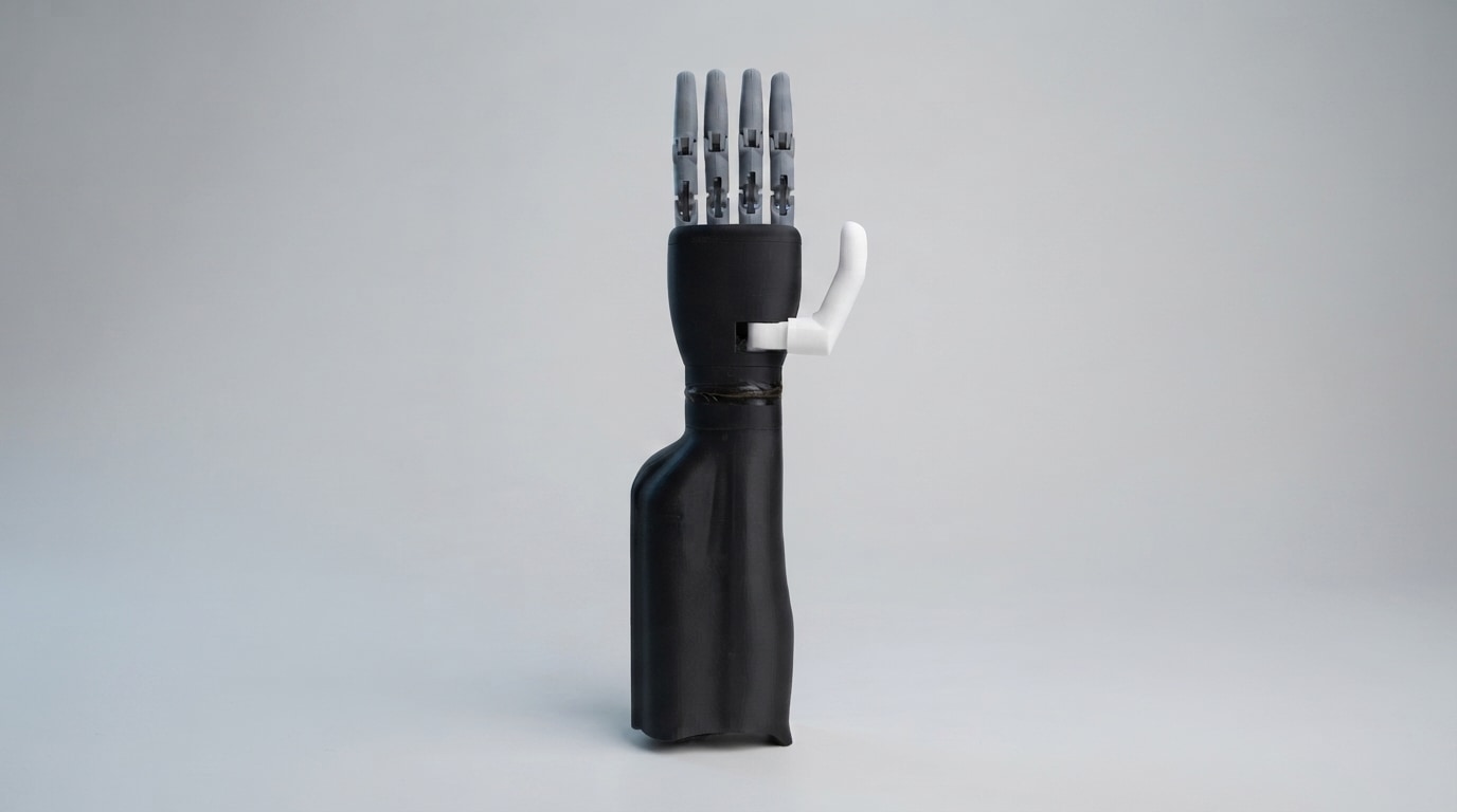 The Diego hand standing upright on a grey stage: a black printed forearm and palm, four grey fingers and a white thumb. Photograph.