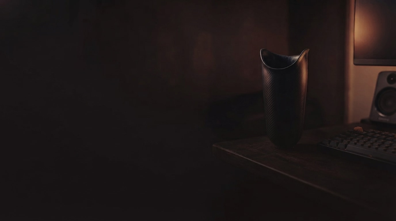 A socket made in ReMould on a desk, beside a keyboard. Render.
